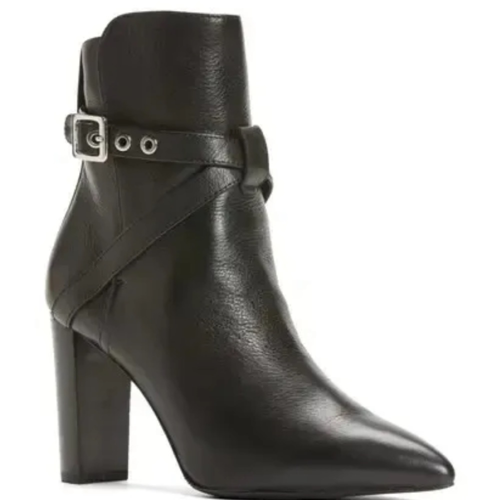 Paige $375 Camille Pointed Toe Black Leather Buckle Straps Ankle Boots